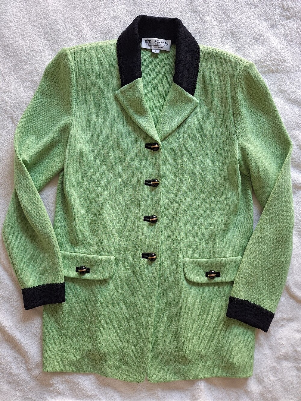 St. John Collection Santana Knit Blazer Jacket Lime Green Black Gold Size 6